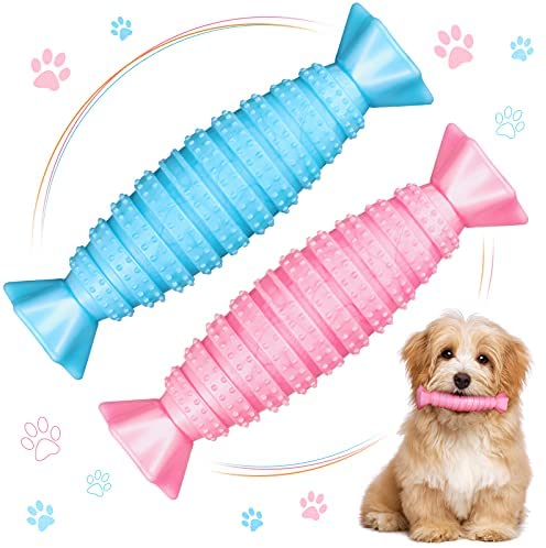 2 Pieces Dog Toys Dog Chew Toys Pet Teething Toys Interactive Pet Toys Candy Shaped Puppy Chew Sticks for Small and Medium Dog Cat (Blue, Pink)