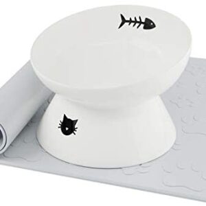 immaculife Ceramic Raised Cat Food Bowl with Anti-Slip Mat for Elder Big Cats, Elevated Cat Dish, Tilt Angle Protect Cat's Spine, Stress Free, Backflow Prevention, Gift for cat