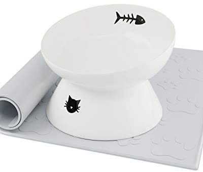 immaculife Ceramic Raised Cat Meals Bowl with Anti-Slip Mat for Elder Large Cats, Elevated Cat Dish, Tilt Angle Defend Cat’s Backbone, Stress Free, Backflow Prevention, Reward for cat