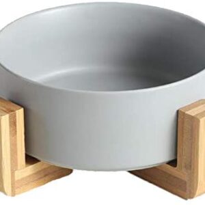 Ceramic Round Dog Cat Bowl - Durable Ceramic Food Water Elevated Dish for Pet,with Wood Stand,28 Ounces (Grey)