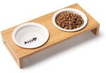 Cat Meals Bowls, Elevated Cat Bowls for Meals and Water, Double Ceramic Cat Bowl Raised, Cat Dishes with Bamboo Stand, Cute and Trendy Design Bowl for Cats