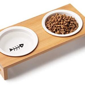 Cat Food Bowls, Elevated Cat Bowls for Food and Water, Double Ceramic Cat Bowl Raised, Cat Dishes with Bamboo Stand, Cute and Modern Design Bowl for Cats