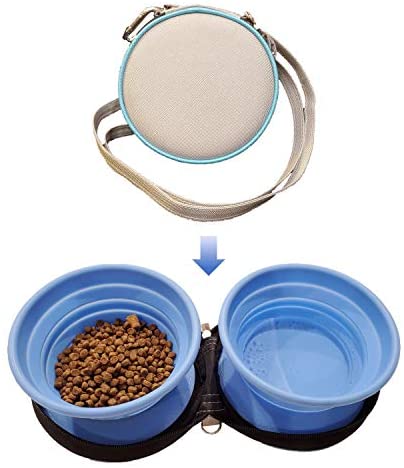 SEACPRO Silicone Transportable Collapsible Zip-up Double Pet Bowls with Carabiner & Shoulder Strap, for Mountaineering, Tenting, and Touring, Secure for Feeding Canine Cats with Meals and Water