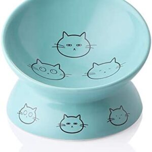 SWEEJAR Ceramic Raised Cat Bowls, Slanted Cat Dish Food or Water Bowls, Elevated Porcelain Pet Feeder Bowl Protect Cat's Spine, Stress Free, Backflow Prevention (Turquoise)