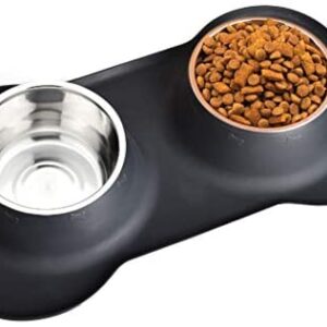 Easeurlife Stainless Steel Dog Bowl Set 2 x 38oz No Spill/Non-Skid Silicone Mat Double Pet Bowls Set for Medium Dogs, Each Bowl About 1100ml Black