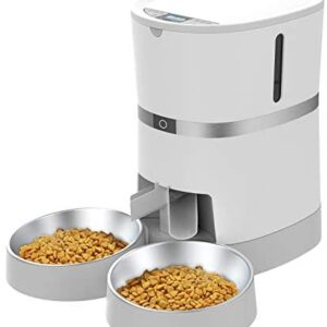 Automatic Cat Feeder, WellToBe Pet Feeder Food Dispenser for Cat & Small Dog with Two-Way Splitter and Double Bowls, up to 6 Meals with Portion Control, Voice Recorder - Battery and Plug-in Power