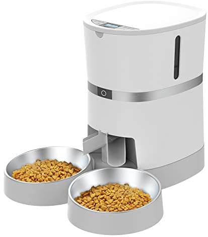 Automated Cat Feeder, WellToBe Pet Feeder Meals Dispenser for Cat & Small Canine with Two-Approach Splitter and Double Bowls, as much as 6 Meals with Portion Management, Voice Recorder – Battery and Plug-in Energy