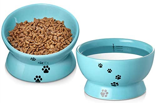 Y YHY Raised Cat Meals and Water Bowl Set, Tilted Elevated Cat Meals Bowls No Spill, Ceramic Cat Meals Feeder Bowl Assortment, Pet Bowl for Flat-Confronted Cats and Small Canines, Set of two, Blue