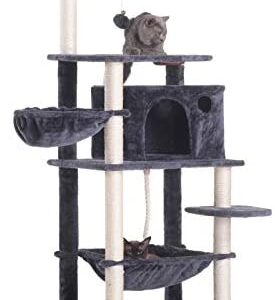 Hey-Brother Extra Big Cat Tree with Feeding Bowl, Cat Condos with Sisal Poles, Hammock and Cave, Padded Platform, Climbing Tree for Cats, Anti-toppling Devices