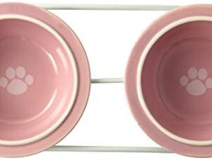 PetRageous 44355 Toftees Paws Diner with Two 1-Cup Dishwasher Safe Stoneware Bowl Capacity 10.75-Inch Length 2.25-Inch Tall for Extra Small and Small Dogs and Cats, White Diner with Pink Bowls