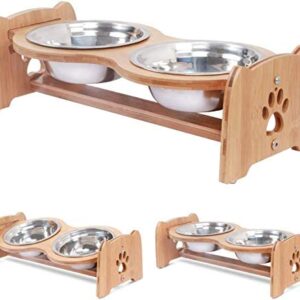 X-ZONE PET Raised Pet Bowls for Cats and Dogs, Adjustable Bamboo Elevated Dog Cat Food and Water Bowls Stand Feeder with 2 Stainless Steel Bowls and Anti Slip Feet (Height 5.1")