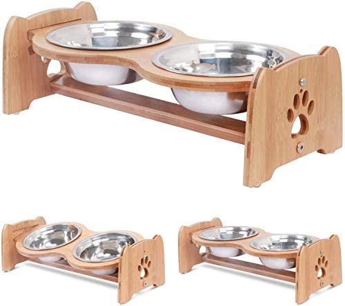 X-ZONE PET Raised Pet Bowls for Cats and Canines, Adjustable Bamboo Elevated Canine Cat Meals and Water Bowls Stand Feeder with 2 Stainless Metal Bowls and Anti Slip Toes (Peak 5.1″)