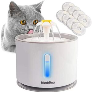 MOOBONA 2.4L Automatic Cat Fountains, Water Dispenser Drinking Fountain for Cats, Fountain Water Bowl, Small Cat Waterfall Waterer, Kitty Running Flower Fountains with LED and 8 Replacement Filters