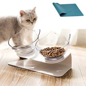 15°Elevated Cat Food Bowls with Silicone Pet Mat, Double Raised Cat Transparent Plastic Bowl with Stand, Stress-Free Suit for Cats and Small Dogs, Anti Vomiting cat Bowl, Cute Cat Face Bowl