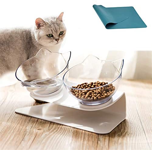 15°Elevated Cat Meals Bowls with Silicone Pet Mat, Double Raised Cat Clear Plastic Bowl with Stand, Stress-Free Swimsuit for Cats and Small Canine, Anti Vomiting cat Bowl, Cute Cat Face Bowl
