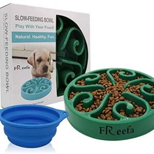 Freefa Slow Feeder Dog Bowl Bloat Stop Dog Food Bowl Maze Interactive Puzzle Non Skid, Come with Free Travel Bowl (Dark Green, for Small/Medium Dog)