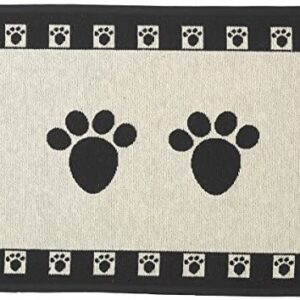 PetRageous 10209 Paws Tapestry Dog Non-Skid Machine Washable Placemat for Pet Feeding Stations with Rubber Backing 13-Inch by 19-Inch for Dogs and Cats, Black and Natural
