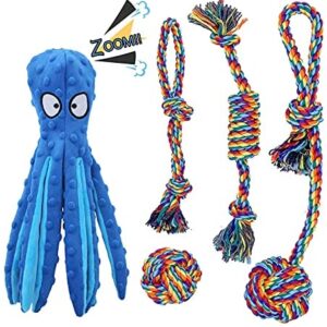 Puppy Squeaky Rope Toys,Durable Interactive No Stuffing Dog Toy Set for Small Medium Dog,Cute Octopus Animal Dog Toy